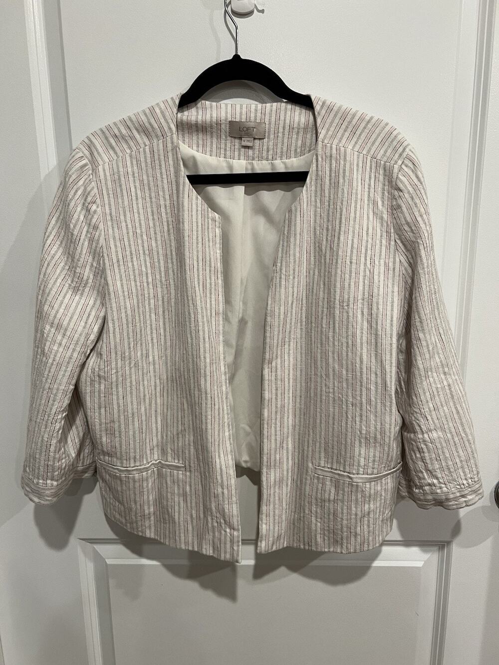 Ann Taylor Loft Summer Linen Ivory Pink Striped Open Blazer size XL